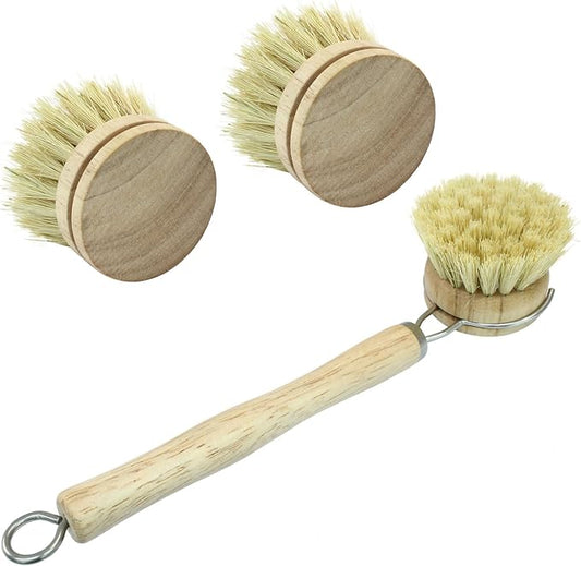 8Pcs Wooden Dish Brush Set, 8Pcs Bamboo Scrub Brush Replacement Heads and 1 Handle for Kitchen Pots and Pans Cleaning Supplies(Sisal)