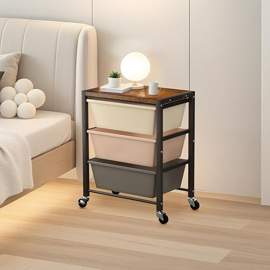 Rolling Cart with 3 Drawers, Plastic Drawer Storage Carts with Lockable Wheels & Wooden Tabletop, Metal Utility Cart Organizer, Office Bedroom Classroom Craft Organization and Storage, Dark Brown