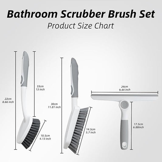 3 Pack Heavy-Duty Scrub Brush Set, Grout Brush, Shower Squeegee, Shower Cleaning Brush with Non-Slip Grip and Stiff Bristles Scrub Brushes for Cleaning Bathroom, Kitchen, Tile, Grout, Tub, Floor, Sink