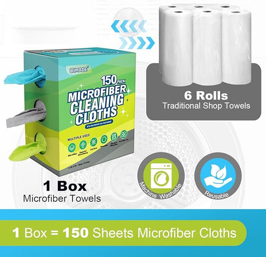 Microfiber Cleaning Cloth, 150 Pack Reusable Paper Towels Microfiber Towels for Cars Lint Free Washable Tissues Shop Rags with Dispenser Box for Home Kitchen Automotive, 11"x 9", Multicolor