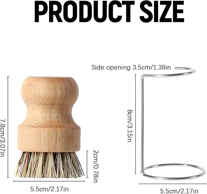 Natural Coconut Fiber Pot Scrubber Brushes with Quick-Dry Stand, Rubberwood Handle for Stubborn Pans & Kitchen Cleaning,2Pcs