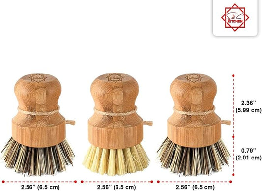Bamboo Scrub Brush - S&C Kitchen, Cleans Pan/Vegetable/Dishes/Wok, Scrub Brush Dishes for Kitchen/Bathroom, Made Out of Palm & Sisal Bristles with a Handle, Vegetable Brush for Cleaning, Set of 3