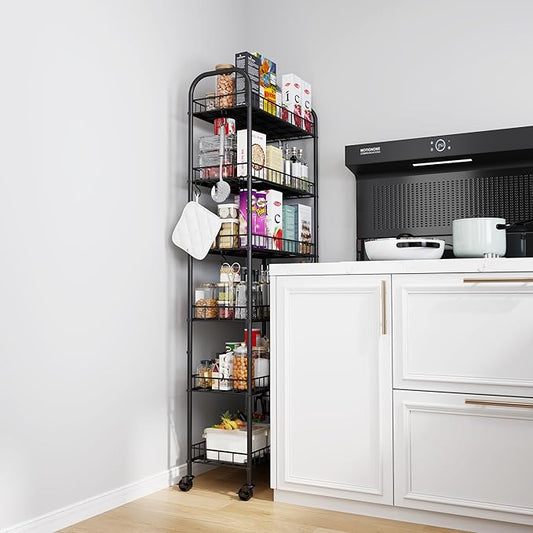 6 Tier Slim Storage Cart with Wheels, Metal Mobile Shelving Unit Organizer Utility Cart for Office Bathroom Kitchen Laundry Room Narrow Places (10inches)