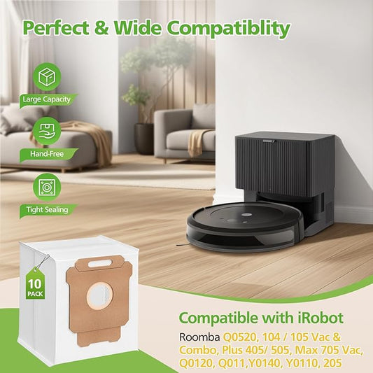 105 Dust Bags for iRobot Roomba Essential 104 Vac/104 Combo/105 Vac/105 Combo/Plus 404/405/505 Combo/504 Vac/Max 705 Vac&Combo/Q0520 Robot Vacuum Cleaner, 2.8 L Disposal Vacuum Bags for Roomba