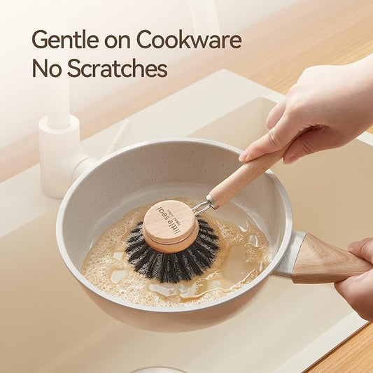 Wooden Dish Brush Natural Bristle Pot Pan Bowl Scrubber Brush - Non-Scratch, Grease Absorbent, Household Cleaning Brushes Gentle for Non-Stick & Cast Iron Cookware- Cleaning Tool Set of 2
