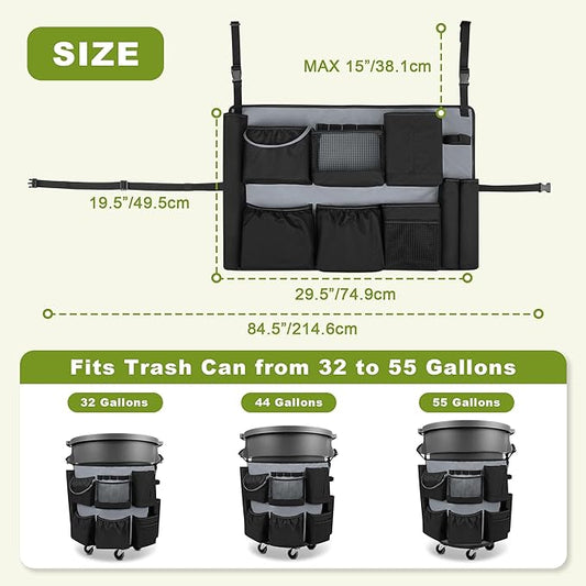 32-55 Gallon Trash Can Caddy Bag, Garbage Bin Apron Caddy with Multiple Pockets for Cleaning Supplies, Cleaning Tool Organizer with Adjustable Buckle for Janitorial Trash Can, Black+Gray