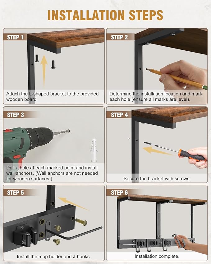 Broom Holder Wall Mount with Top Wooden Shelf, Heavy Duty Metal Cleaning Supplies Broom Hanger with Vacuum Organizer and 5 Slots & 5 Hooks for Garage Tool Storage Laundry Kitchen (Large)