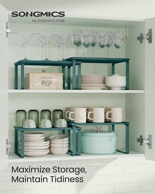 SONGMICS Cabinet Organizer Shelf, Set of 2 Kitchen Counter Shelves, Kitchen Storage, Spice Rack, Stackable, Expandable, Metal and Engineered Wood, Marrs Green UKCS002C02