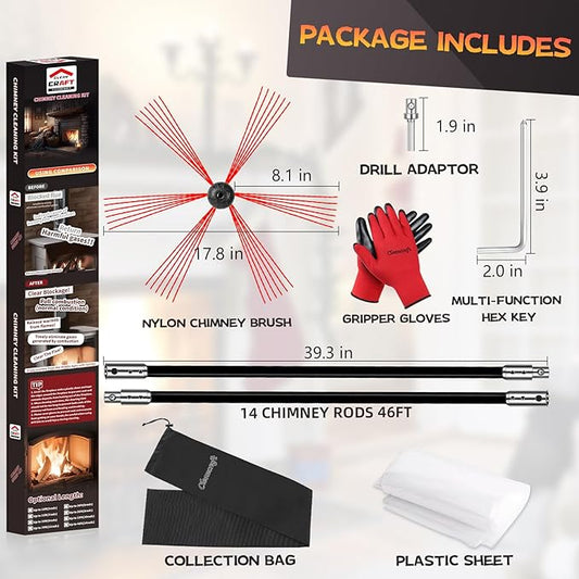 46 Feet Chimney Sweep Kit, Chimney Cleaning Kit with 14 Flexible Black Chimney Rods, Chimney Brush, Rotary Chimney Cleaning System Driven by Drill for Sweeping Fireplace