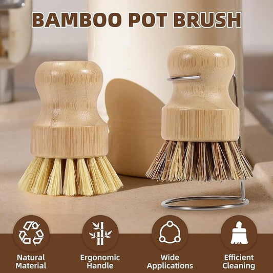 Bamboo Dish Brush Set with Rack – 6 PCS Natural Cleaning Brushes with Sisal & Palm Bristles, Fast Dry Holder for Dishes, Pots & Kitchen Sink