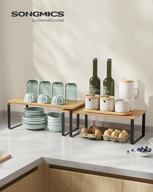 SONGMICS Cabinet Organizer Shelf, Set of 2 Kitchen Counter Shelves, Kitchen Storage, Spice Rack, Stackable, Expandable, Metal and Engineered Wood, Ink Black and Natural Beige UKCS200B01