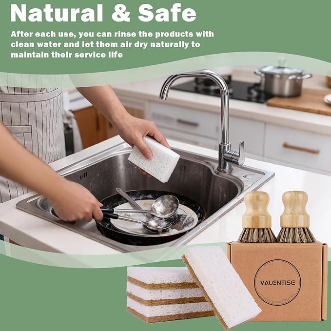 6 Pack Bamboo Dish Brush Set - 2pcs Palm Dish Scrubber and 4 Pieces Natural Kitchen Sponge for Dishes, Pots and Vegetables