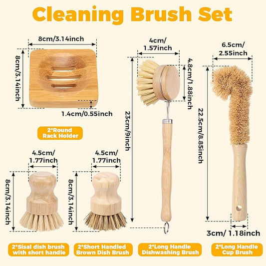 Bamboo Dish Brush Set Practical Dish Cleaning Brush Set Multifunctional Dish Washing Brush Set Ergonomic Kitchen Brush Set for Kitchen Cleaning Pots Pans Dishes (Log Color 10Pcs)