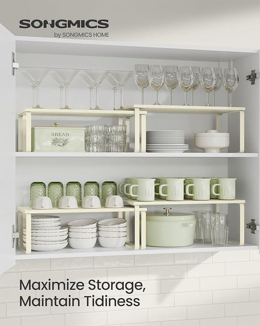 SONGMICS Cabinet Organizer Shelf, Set of 2 Kitchen Counter Shelves, Kitchen Storage, Spice Rack, Stackable, Expandable, Metal and Engineered Wood, Cream White UKCS200W02