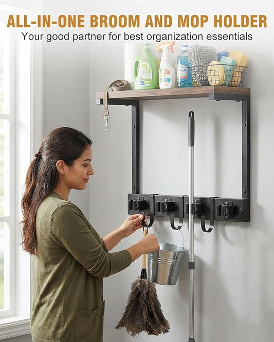 Broom Holder Wall Mount with Top Wooden Shelf, Heavy Duty Metal Cleaning Supplies Broom Hanger with 4 Slots & 3 Hooks for Laundry Garage Tool Storage Kitchen (Small)