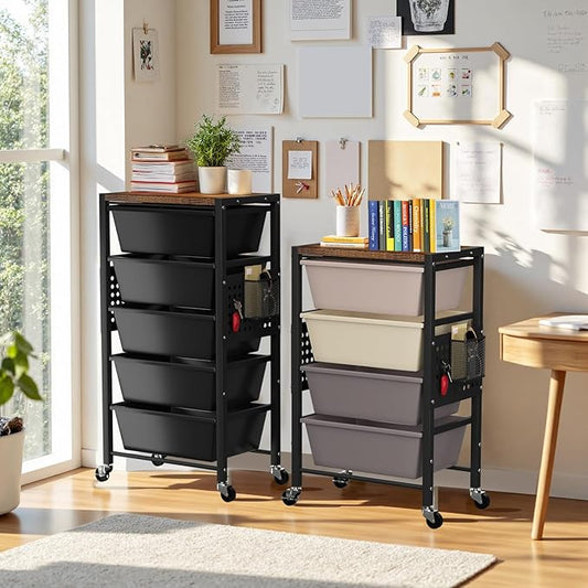 Rolling Cart with 4 Drawers, Plastic Drawer Storage Carts with Wheels & Wooden Tabletop, Metal Utility Cart with Pegboards, Office Living Room Classroom Craft Organization and Storage, Dark Black