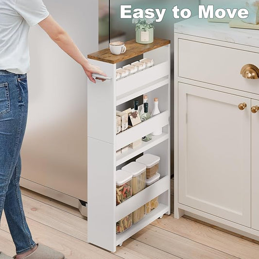 MARTY Rolling Storage Cart 4-Tier White Kitchen Cart with Wheels,Slim Storage Cart with Handle Slide Out Utility Cart Shelving Unit Organizer Trolley for Laundry Narrow Places Bathroom Small Corner