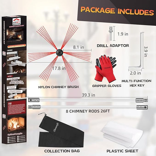 26 Feet Chimney Sweep Kit, Chimney Cleaning Kit with 8 Flexible White Chimney Rods, Chimney Brush, Rotary Chimney Cleaning System Driven by Drill for Sweeping Fireplace