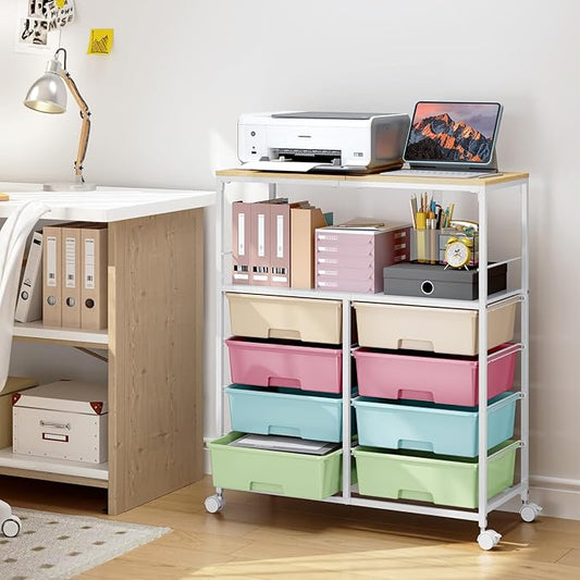 Rolling cart with 8 drawers,Storage drawer cart with wooden tabletop,Lockable wheels organizer for homeschool, arts & crafts, classroom, office & creative spaces (Colorful)