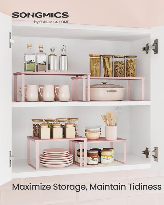 SONGMICS Cabinet Organizer Shelf, Set of 2 Kitchen Counter Shelves, Kitchen Storage, Spice Rack, Stackable, Expandable, Metal and Engineered Wood, Jelly Pink UKCS025S01