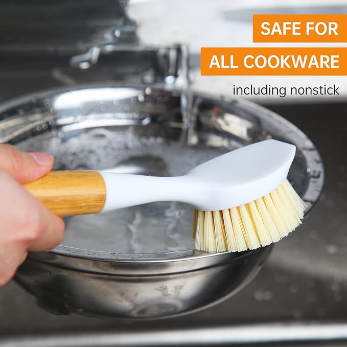 3 Pack Dish Brush Set with Bamboo Handle, Dish Scrubber Built-in Scraper, Kitchen Scrub Brush for Cleaning Cast Iron Cookware, Pans, Pots, Counter & Kitchen Sink (White)