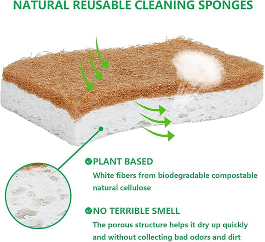 Natural Kitchen Sponges, 12 Pack Non-Scratch Scrubber, Biodegradable Compostable Sisal Cellulose Dish Scrub Sponges, Household Cleaning Sponges for Dishes