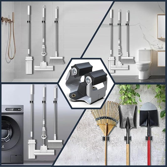 3-H 4 Pack Mop and Broom Holder Big Size Hanging 1 KG Extra,Broom Holder Wall Mount for Hanging and Organizing Shove Rake Yard Tools in Shed Kitchen Laundry Room Bathroom Garden(black