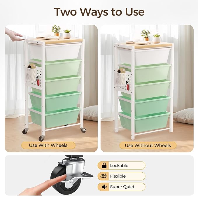 Rolling Cart with 4 Drawers, Plastic Drawer Storage Carts with Wheels & Wooden Tabletop, Metal Utility Cart with Pegboards, Office Living Room Classroom Craft Organization and Storage, Bright Green