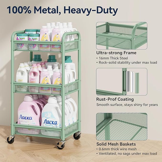 YASONIC 3 Tier Rolling Cart – Metal Utility Storage Carts with Wheels, Craft Carts Organizer with Hanging Cups, Hooks, Mesh Basket for Bedside Kitchen Office Art, Green