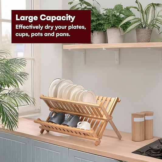 Vdomus Bamboo Dish Drying Rack - Foldable Dish Rack for Kitchen - Collapsible & Compact Wooden Plate Holder - Eco-Friendly & Functional Wood Dryer Rack for Plates - Space-Saving Storage Organizer