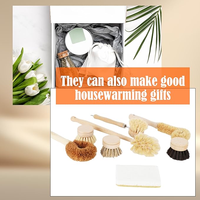 12 Pcs Bamboo Dish Brush Set with 65 Ft Hemp Rope Wooden Palm Pot Brush Natural Scrubbers Brushes Sisal Bristles for Pans, Bottle, Sink Kitchen Cleaning