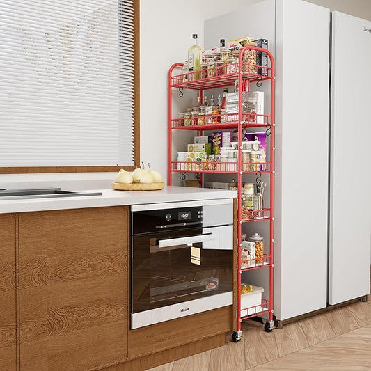 Slim Rolling Storage Cart, 6 Tier Metal Kitchen Rolling Utility Cart with Lockable Wheels for Kitchen, Bathroom, Laundry Room, Small Narrow Spaces (Red 10 Inches)