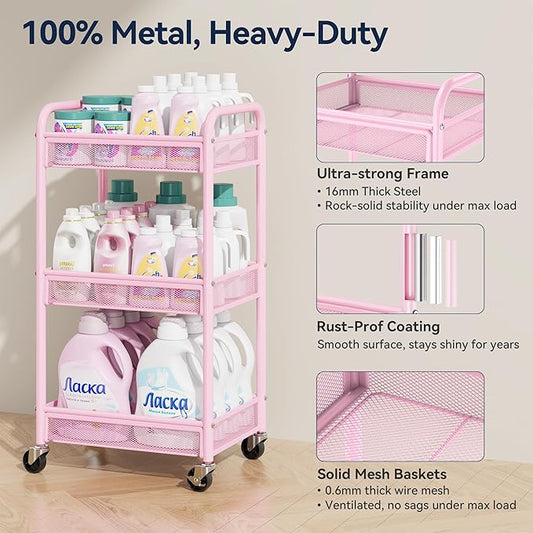YASONIC 3 Tier Rolling Cart – Metal Utility Storage Cart with Wheels, Craft Cart Organizer with Hanging Cups, Hooks, Mesh Basket for Bedside Kitchen Office Art, Pink