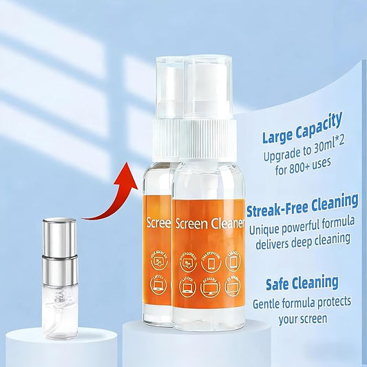 Ordilend Screen Cleaner Refill Kit for Keyboard Cleaning Kit Laptop Cleaner, 10-in-1 Computer Screen Cleaning Brush Tool, Streak-Free Spray for Computer, Phone, Pad, Includes Microfiber Cloth, 60ML