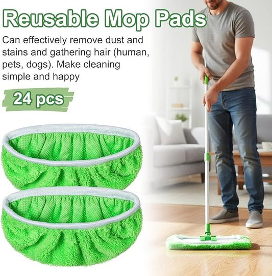 24 Pack Reusable Microfiber Mop Pads Compatible with Sweeper Mop, Replacement Wet Mopping pad Refills, Washable Dry Sweeping Cloths for Floor Cleaning, Green Coral Fleece (Mop Not Included)