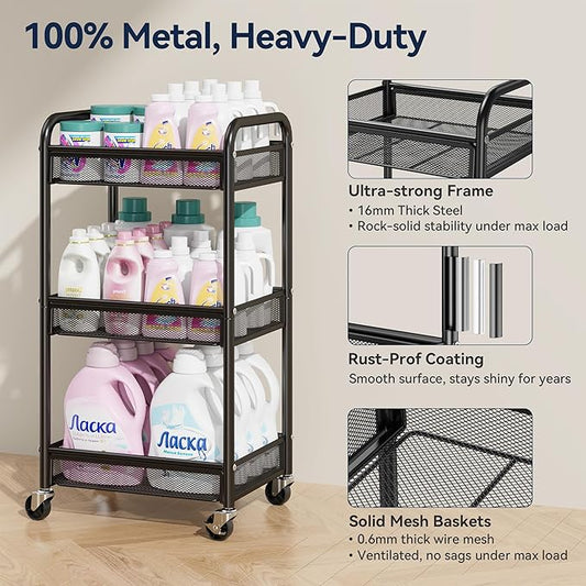 YASONIC 3 Tier Rolling Cart – Metal Utility Storage Carts with Wheels, Craft Cart Organizer with Hanging Cups, Hooks, Mesh Basket for Bedside Kitchen Office Art, Black