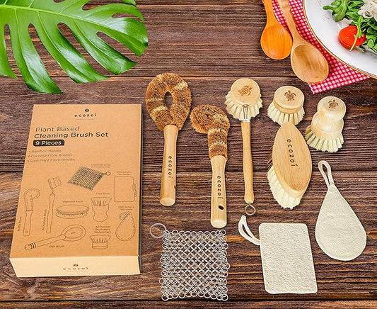 ecozoi Bamboo Dish Brush Set – 9 Piece Wooden Dish Brush for Dishes, Pots, Pans & Bottles – Eco Friendly Cleaning Set with Coconut & Sisal Bristles – Plastic-Free, Durable & Sustainable Kitchen Tools