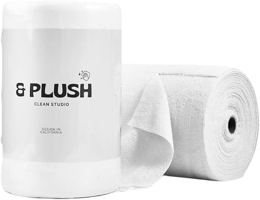 & PLUSH Microfiber Cleaning Cloth Roll - 100 Pack, Tear Away Microfiber Towels, 12" x 12", Reusable, Washable, Streak Free, Ultra Absorbent Dish Rags for Car, Home, Garage or Shop (White)