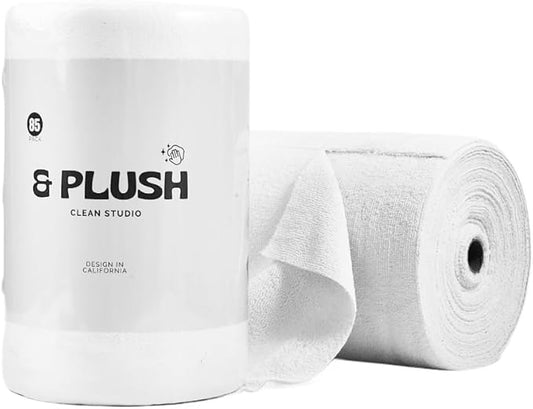 & PLUSH Microfiber Cleaning Cloth Roll - 85 Pack, Tear Away Microfiber Towels, 12" x 12", Reusable, Washable, Streak Free, Ultra Absorbent Dish Rags for Car, Home, Garage or Shop (White)