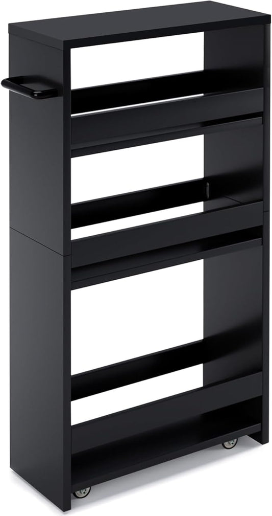 MARTY Slim Rolling Storage Cart 4-Tier Kitchen Cart with Wheels, Laundry Room Storage with Handle Slide Out Utility Cart Shelving Unit Organizer Trolley for Narrow Places Bathroom Small Corner, Black