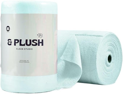 & PLUSH Microfiber Cleaning Cloth Roll - 85 Pack, Tear Away Microfiber Towels, 12" x 12", Reusable, Washable, Streak Free, Ultra Absorbent Dish Rags for Car, Home, Garage or Shop (Blue)