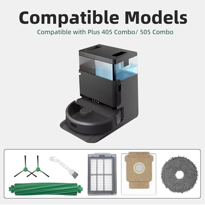 25 Pcs Accessories Kit for iRobot Roomba Plus 405 Combo/505 Combo Robot Vacuum Cleaner, Replacement Parts include 2 Main Brushes, 6 Side Brushes, 6 Dust Bags, 6 Mop Pads, 4 Filters and 1 Cleaning Tool