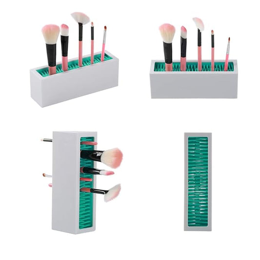 Makeup Brushes Holder Organizer, Silicone Vanity Air Drying Rack Display Storage for Brush, Eyeliners and More, Practical Cosmetic Tools Container (Pink-White)