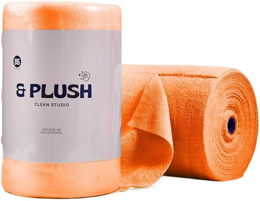 & PLUSH Microfiber Cleaning Cloth Roll - 85 Pack, Tear Away Microfiber Towels, 12" x 12", Reusable, Washable, Streak Free, Ultra Absorbent Dish Rags for Car, Home, Garage or Shop (Orange)