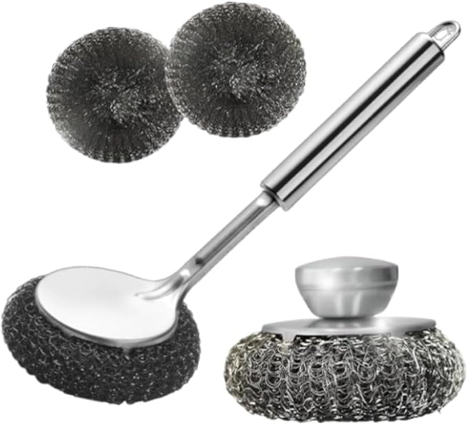 Steel Wool Scrubber Dish Brush Set with Handle, Deep Cleaning Scrubber Set Dish Brush for Cleaning Pans, Grills, Stoves (A)