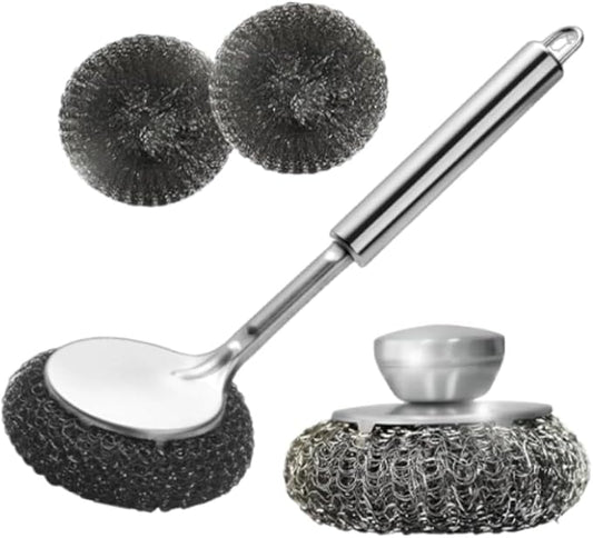 Steel Wool Scrubber Dish Brush Set with Handle, Deep Cleaning Scrubber Set Dish Brush for Cleaning Pans, Grills, Stoves (A)