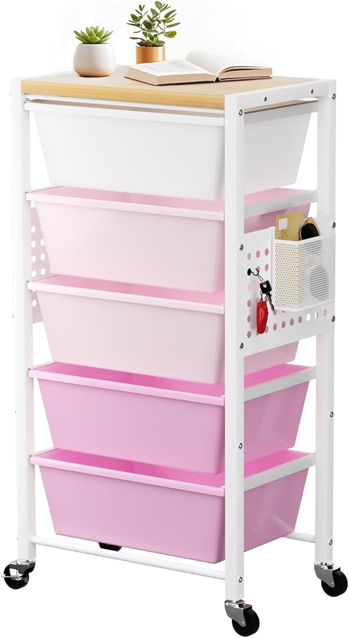 Rolling Cart with 5 Drawers, Plastic Drawer Storage Carts with Wheels & Wooden Tabletop, Metal Utility Cart with Pegboards, Office Living Room Classroom Craft Organization and Storage, Bright Pink