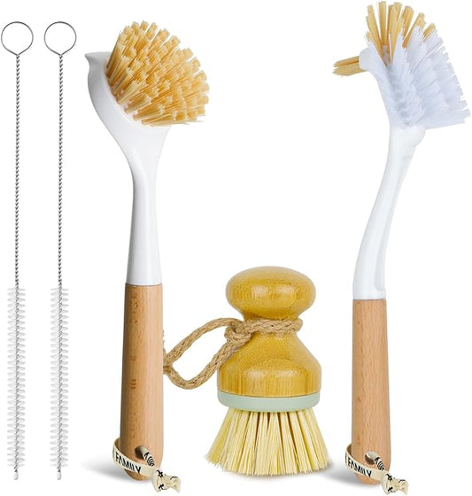 5 Pack Kitchen Dish Brush Set with 2 Dish Brush, Palm Scrub Brush and 2 Straw Brush for Kitchen Dishes Bottle Cup Pot Pans and Straws