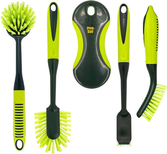 Pine-Sol Scrub Brush Set - Long Handle Cleaning Brushes with Heavy Duty Bristles and Comfort Grip - Scrubbers for Kitchen, Household, and Dishwashing, 5 Pieces