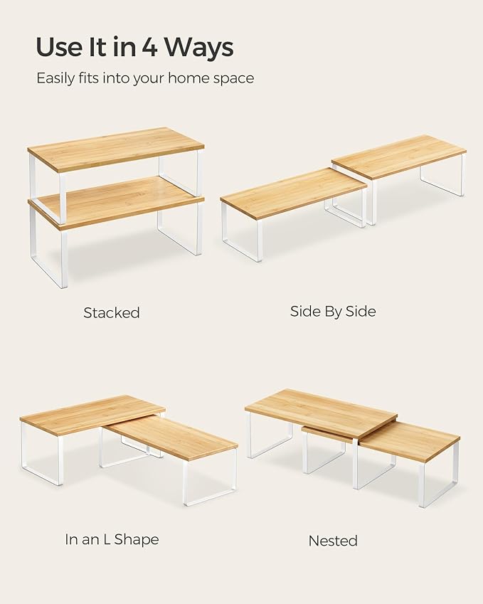 SONGMICS Cabinet Organizer Shelf, Set of 2 Kitchen Counter Shelves, Kitchen Storage, Spice Rack, Stackable, Expandable, Metal and Engineered Wood, Cloud White and Natural Beige UKCS200W01